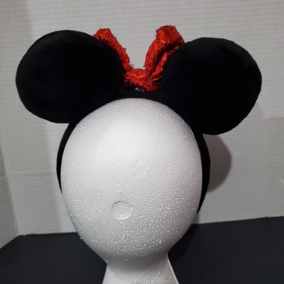 Disney Parks Minnie Mouse Black Plush Ears Red Seqin Bow Headband L👀K - Picture 3 of 8